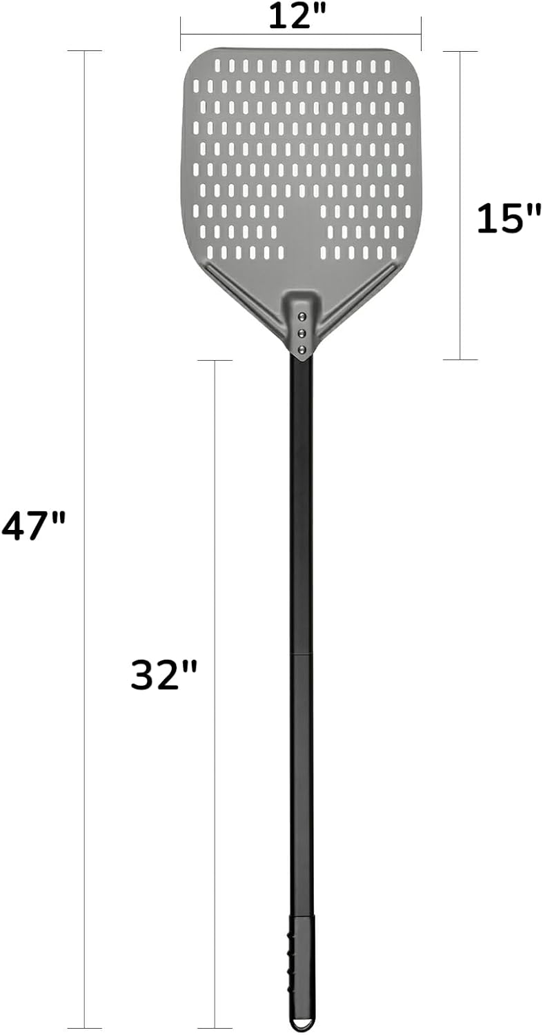 G.a HOMEFAVOR 12"x 15" Perforated Pizza Peel 47 Inch overall, Rectangular Aluminum Pizza Turning Peel with Extended Silcone Handle For Baking Pizza Brick Oven