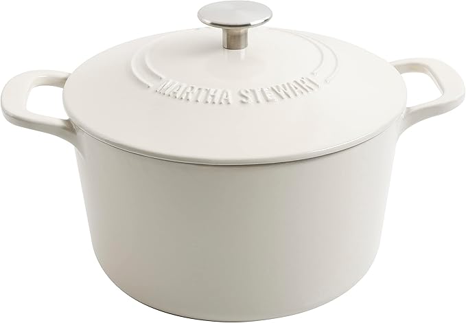 MARTHA STEWART Gatwick 7-Quart Enamel Cast Iron Dutch Oven – Linen Color with Silver Knob – Durable Heavy-Duty Dutch Oven for Slow Cooking and Braising