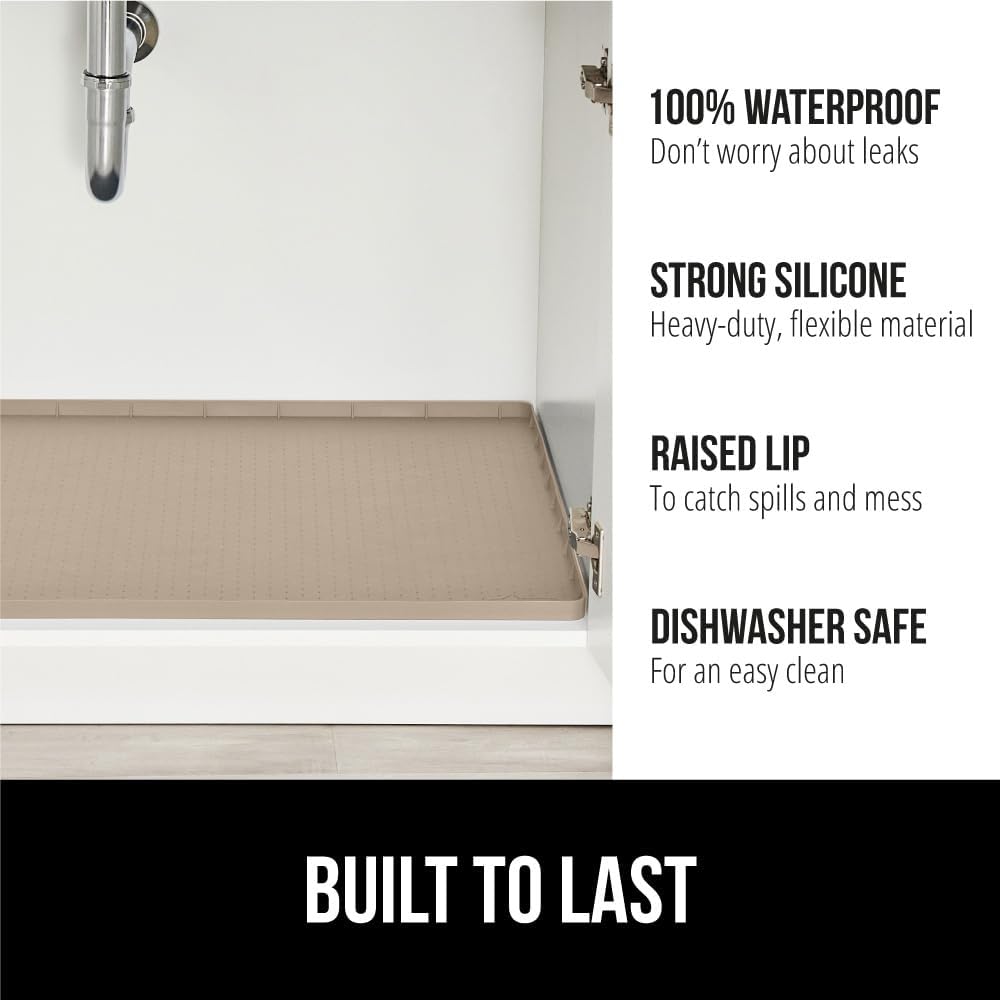 GORILLA GRIP Waterproof Silicone Under Sink Mat with Raised Lip for Kitchen and Bathroom, 46 x 22 in, Cabinet Shelf Liner Stay in Place Mats Dishwasher Safe Drawer Liner, Organizer Tray, Beige