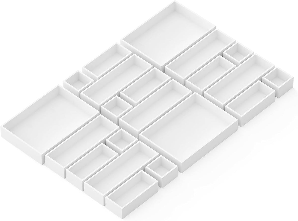 SpaceAid 21-Piece Bamboo Drawer Organizer Storage Boxes Set, Wood Tray Junk Drawer Organizers Multi-Use Divider Bins for Kitchen, Bathroom, Office Desk and Makeup Organization (21 Pack, White)