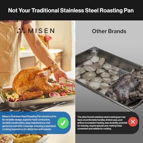 Misen Stainless Steel Roasting Pan with Handles - Versatile 5-Ply Design, Easy Grip Handles, Multi-Functional Cooking, Ideal for Baking, Searing, & Roasting, Superior Heat Conduction, Premium - 13"