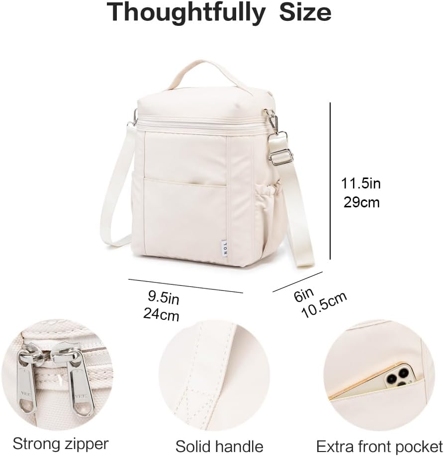 NOL Natural Organic Lifestyle Insulated Lunch Bags for Women Cooler Bag Lightweight Nylon Waterproof Lunch Box For Work (Cream, Large)