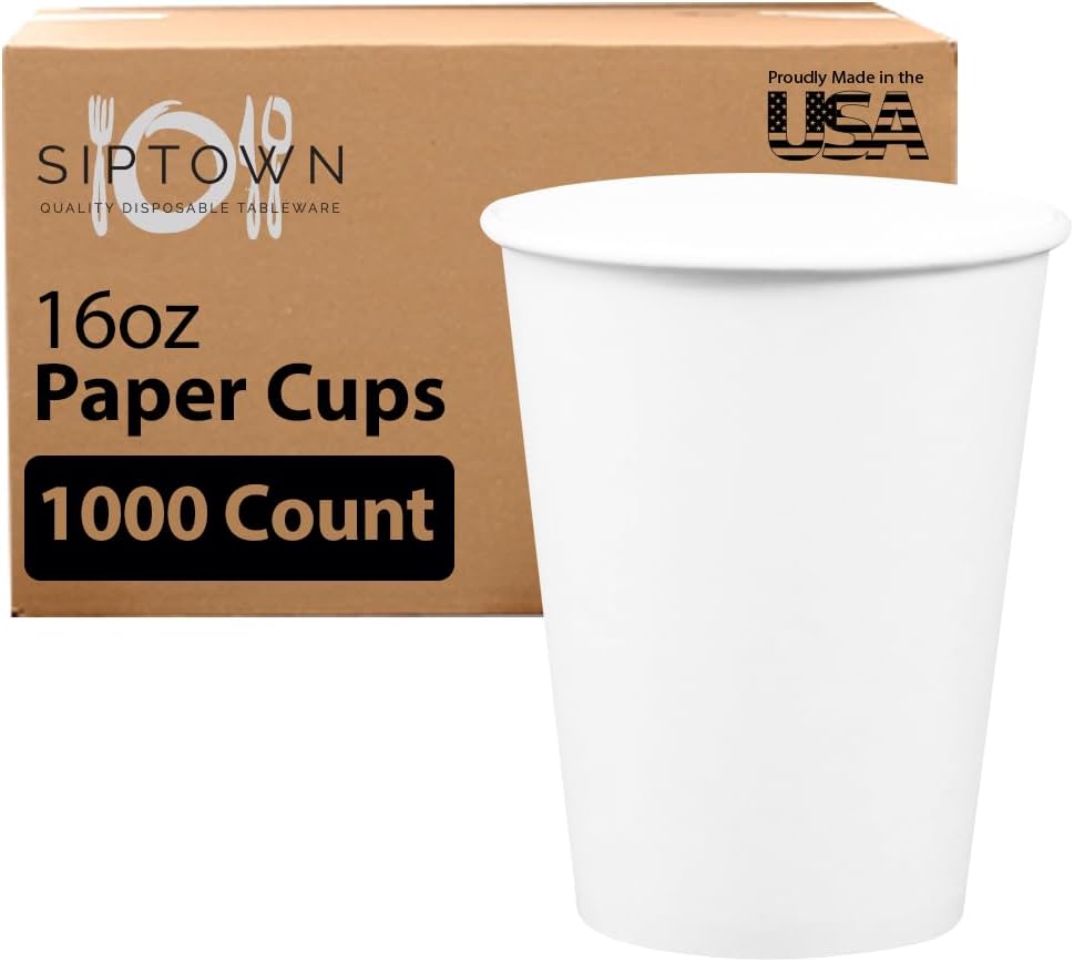 Made-In-USA 16 Ounce Disposable Hot Paper Cups, 1000 Count | Coffee Cups, Leak-Free Food Safe for Hot Drinks, White (16 oz)