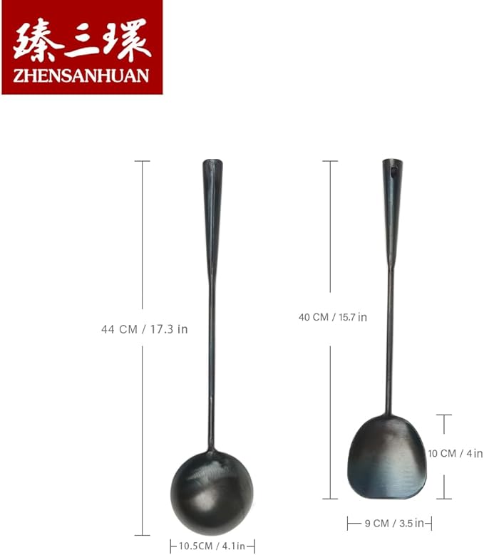 ZhenSanHuan Chinese Traditional HandMade Iron Spatula & Ladle Wok Tool Set,Long wok utensils (Ladle and Spatula Set)