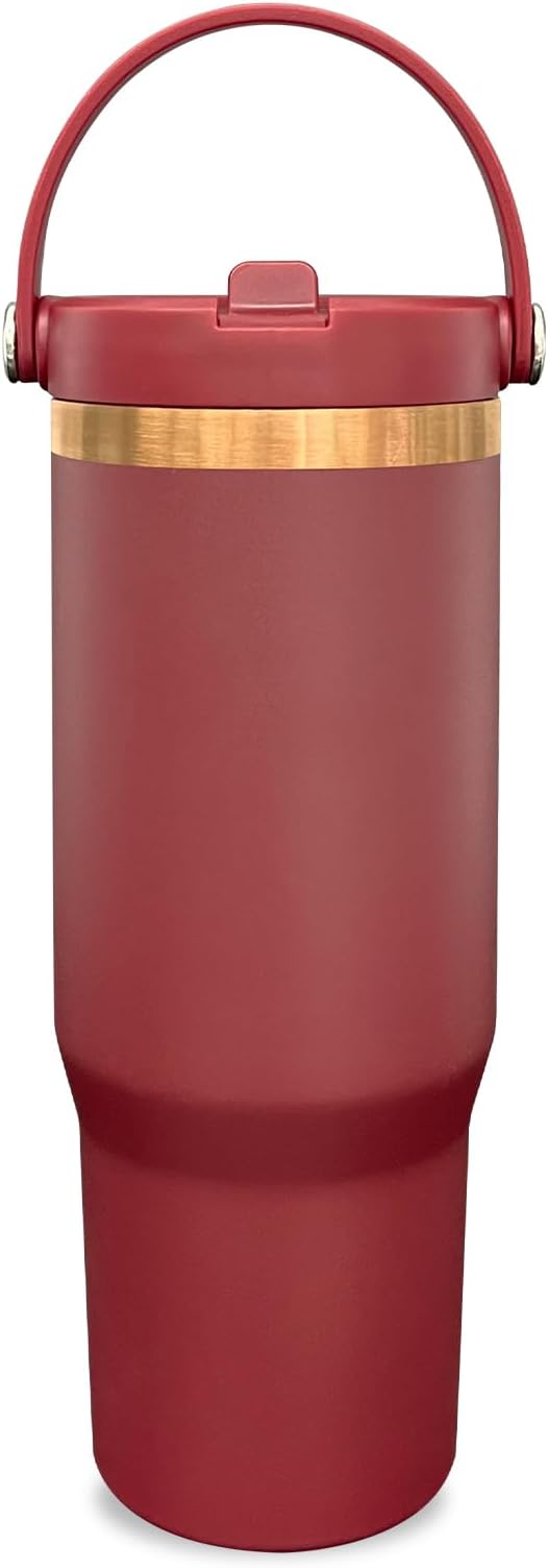 30 oz Tumbler with Handle and Straw, Vacuum Insulated Tumblers with Flip Straw and Top Handle, Leakproof Powder Coated Tumbler, Stainless Steel Travel Mug for Coffee Water (Red, 1 Pack)