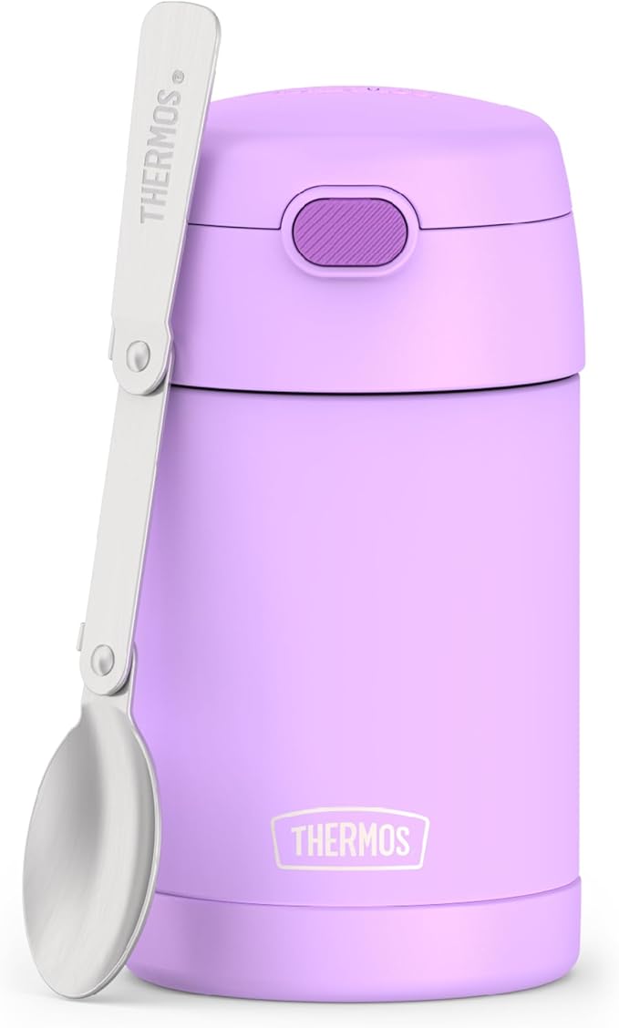THERMOS FUNTAINER 16 Ounce Stainless Steel Vacuum Insulated Food Jar with Folding Spoon, Neon Purple