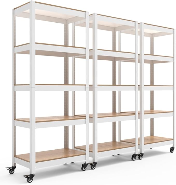 HOMEDANT House White 5-Tier Metal Rolling Cart Shelf Rack Casters Heavy Duty Wheel Shelving Unit Adjustable Utility Storage Shelves Organizer Shelf Kitchen Garage 24.4" W x 16.5" D x 62.2" H 3Pack