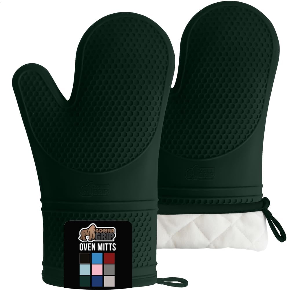 GORILLA GRIP BPA-Free Soft Silicone Oven Mitts, Heat Resistant and Waterproof Cooking Gloves, Thick Cotton Lining, Flexible Gripping for Baking Grilling, Kitchen Potholders Set, 12.5x8.3, Hunter Green