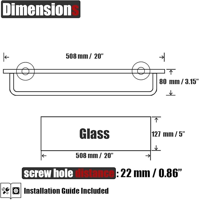 JQK Bathroom Glass Shelf Bronze, Shelf with 19 Inch Towel Bar Tempered Glass Shower Storage 20 by 5 inches, 304 Stainless Steel Oil Rubbed Bronze Wall Mount, TGS100L20-ORB