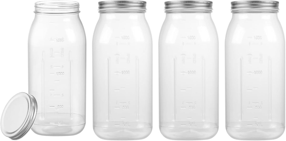 novelinks 64 oz Large Plastic Jars with Metal Lids - 4 Pack BPA-Free Clear Storage Containers for Pantry, Pickles, Sauces, Flour, Snacks - Leak-Proof Airtight Food Grade Jars for Kitchen (Silver)