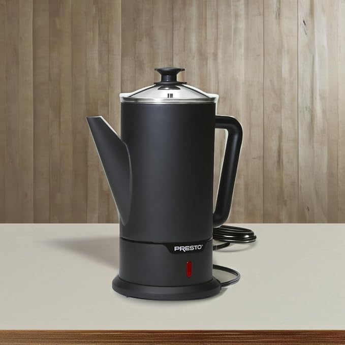 Presto 02815 12-Cup Cordless Coffee Percolator - Stainless Steel, Modern Design, Easy Pour Spout, Stay-Cool Handle, Matte-Black