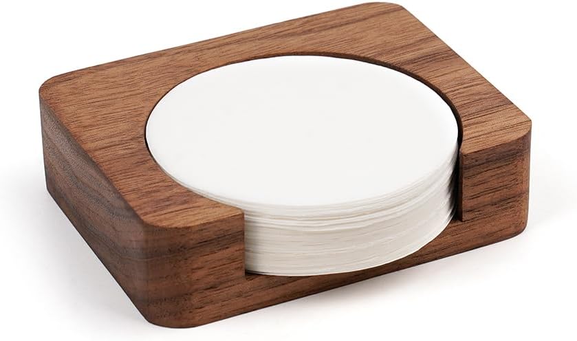 watchget Espresso Paper Filter Holder Update Coffee Filter Storage Container Coffee Filter Dispenser Compatible with Areopress (51-63mm) Round Disposable Puck Screen Paper Filters, Wood