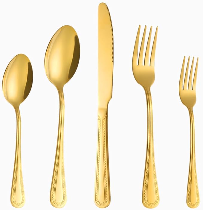 40 Pcs Gold Silverware Set for 8 with Pearled Edge Handle design, Food Grade Stainless Steel Flatware Set, Eating Utensils Sets Include Fork/Knife/Spoon, Reusable Cutlery Set, Dishwasher Safe