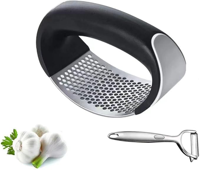 Stainless Steel Garlic Smash, Press Rocker Mincer/ Crusher/ Chopper with Peeler and Scraper Brush