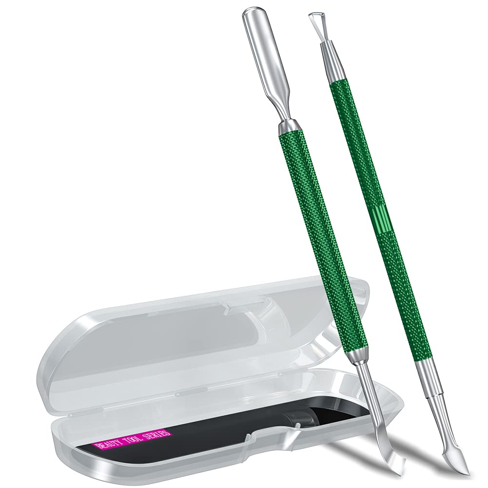 2PCS Metal Dark Green Cuticle Pusher and Cutter Remover Salon Quality Stainless Steel Gel Nail Polish Peeler Scraper Durable Manicure and Pedicure Cleaner Tool For Fingernail and Toenail