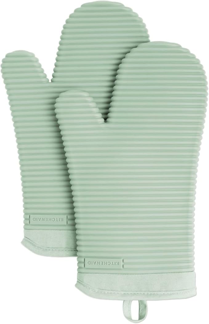 KITCHENAID Ribbed Soft Silicone Oven Mitt 2-Pack Set, 7.5"x13", Pistachio