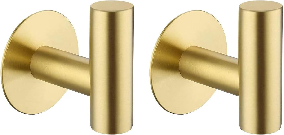 Adhesive Hooks Towel Hooks for Bathroom, Stainless Steel Waterproof Shower Hook Towels Holders, Coat Hook for Hanging Clothes, Wall Hooks Stick on Bathroom or Kitchen - 2 Pack, Gold