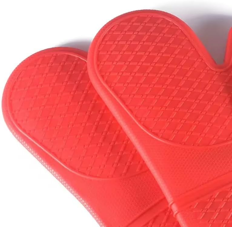Extra Long Silicone Oven Mitts Heavy Duty Commercial Grade Oven Mitts Heat Resistant BBQ Gloves with Quilted Cotton Lining 2 Pack (Red)