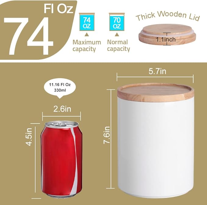 Sweejar Kitchen Canisters Ceramic Food Storage Jar, Stackable Containers with Airtight Seal Wooden Lid for Serving Coffee Bean, Flour, Tea, Cookies and More - 73 Fl Oz(White)