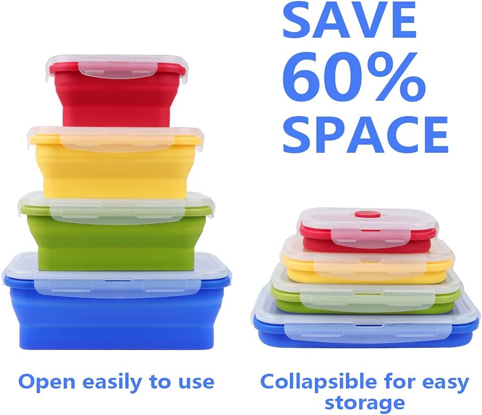 Set of 4 Collapsible Foldable Silicone Food Storage Container, Leftover Meal Box With Airtight Plastic Lids For Kitchen, Bento Lunch Boxes-Microwave, Dishwasher and Freezer Safe