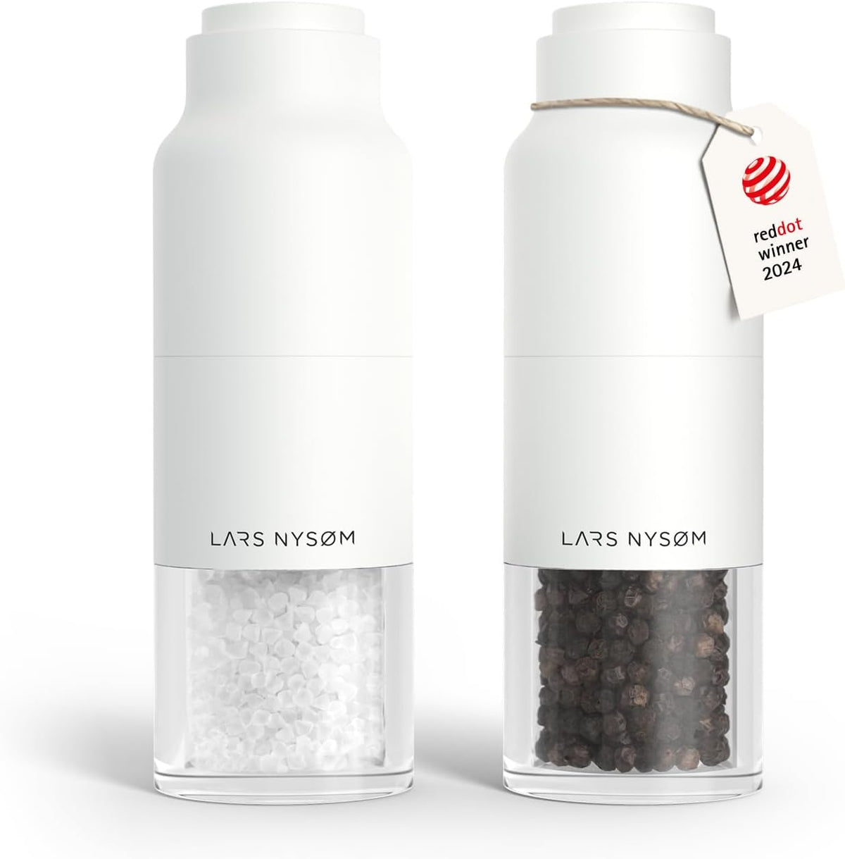 LARS NYSØM Salt and Pepper Grinder Set, Stainless Steel Manual Salt and Pepper Mills, Adjustable Ceramic Grinder, Design Spice Shakers (Pure White)