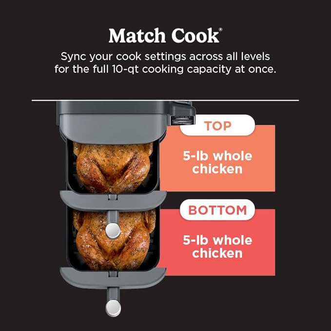Ninja DoubleStack XL Smart 2-Basket Air Fryer, Smart Cook System, DoubleStack Technology Cook 4 Foods at Once, Space Saving Design, 10 QT, 6-in-1, Smart Finish & Match Cook, Air Fry, Broil, Bake SL451
