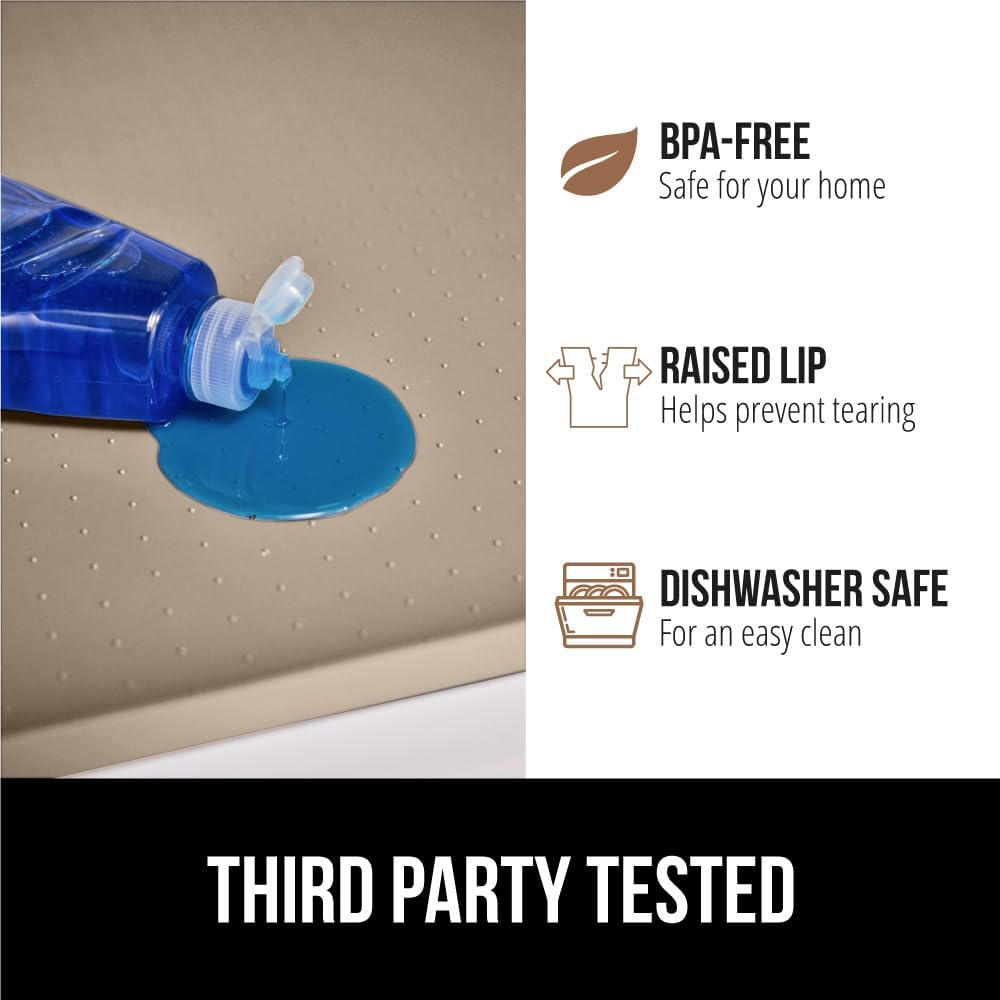 GORILLA GRIP Waterproof Silicone Under Sink Mat with Raised Lip for Kitchen and Bathroom, Cabinet Shelf Liner Stay in Place Mats Dishwasher Safe Drawer Liner, Organizer Tray, 19 x 34 in, Beige