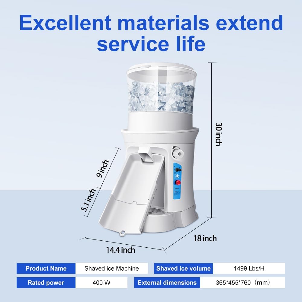 Snow Cone Machine, 400W Electric Ice Shaver Machine, Thickness Adjustable Snow Cone Maker Machine 1499LBs/hr Ice Crusher for Bar Parties Events Snack, Home and Commerical Use(13.8Qt)
