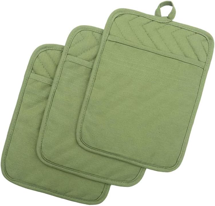 Anyi Heat Resistant Pot Holders, Cotton Hot Pads for Counter & Table, Green with Pocket