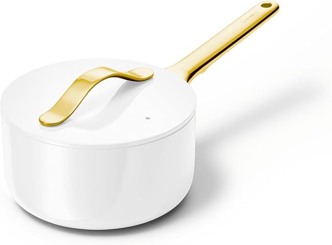 Caraway Nonstick Ceramic Sauce Pan with Lid (1.75 qt) - Non Toxic, PTFE & PFOA Free - Oven Safe & Compatible with All Stovetops (Gas, Electric & Induction) - White
