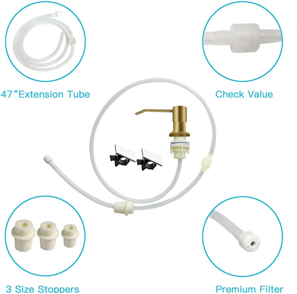 Dish Soap Dispenser for Kitchen Sink, Countertop Sink Soap Dispenser Water Pump with 47” No-Spill Extension Tube Kit Design for Kitchen Bathroom, Easy to Press, No More Refills （Golden）