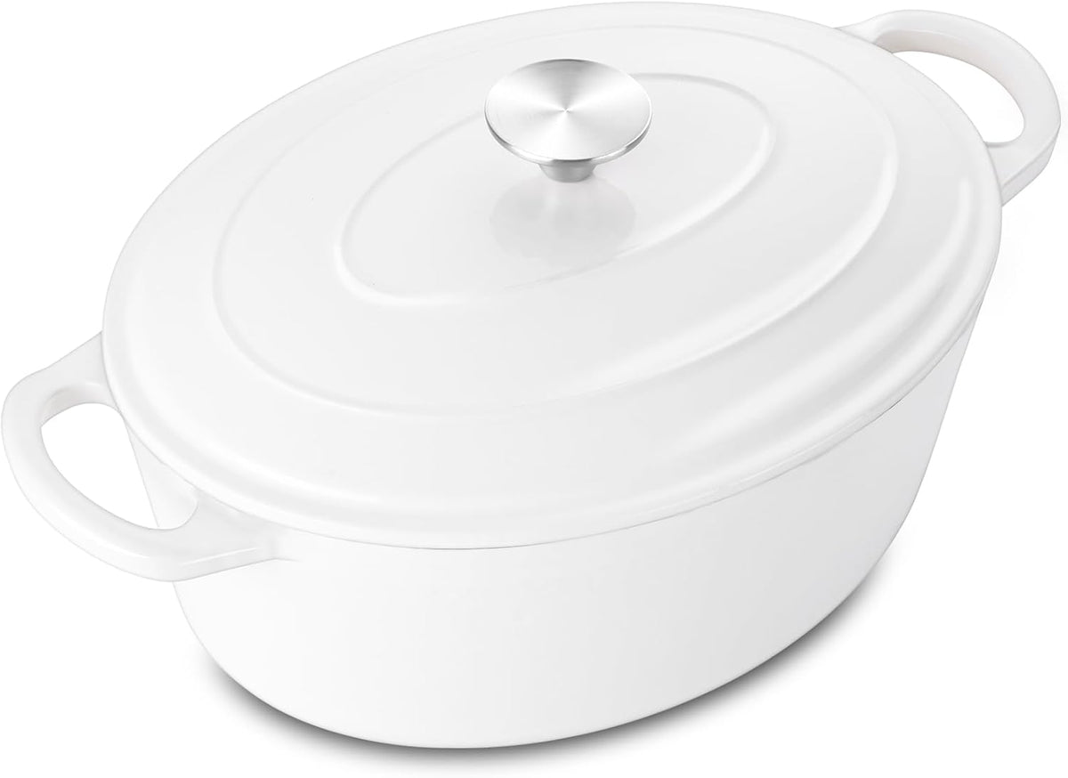 5QT Oval Dutch Oven Pot with Lid, Leonyo 5 Quart Enameled Oval Cast Iron Dutch Oven for Sourdough Bread Breaking, Heavy Duty Cookware for Braising, Stews, Roasting, White