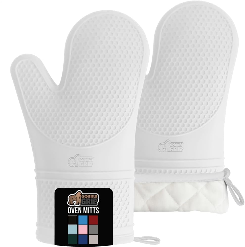 GORILLA GRIP BPA-Free Soft Silicone Oven Mitts, Heat Resistant and Waterproof Cooking Gloves, Thick Cotton Lining, Flexible Gripping for Baking Grilling, Kitchen Potholders Set of 2, 12.5x8.3, White