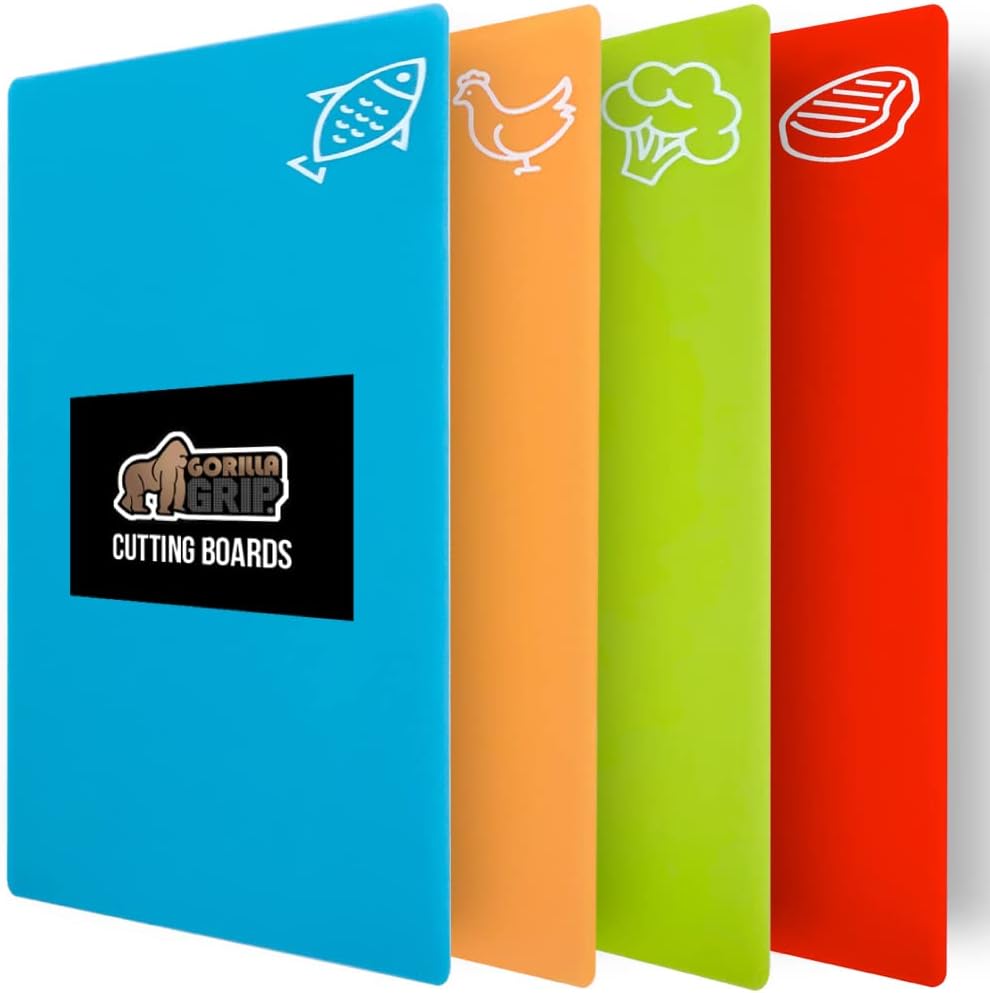 GORILLA GRIP 100% BPA-Free Flexible Cutting Board Set of 4, Durable Plastic Mats with Food Icons for Meal Prepping, Large Kitchen Chopping Mat, Use for Meat Fish Vegetables Fruit, 15x12, Multicolor