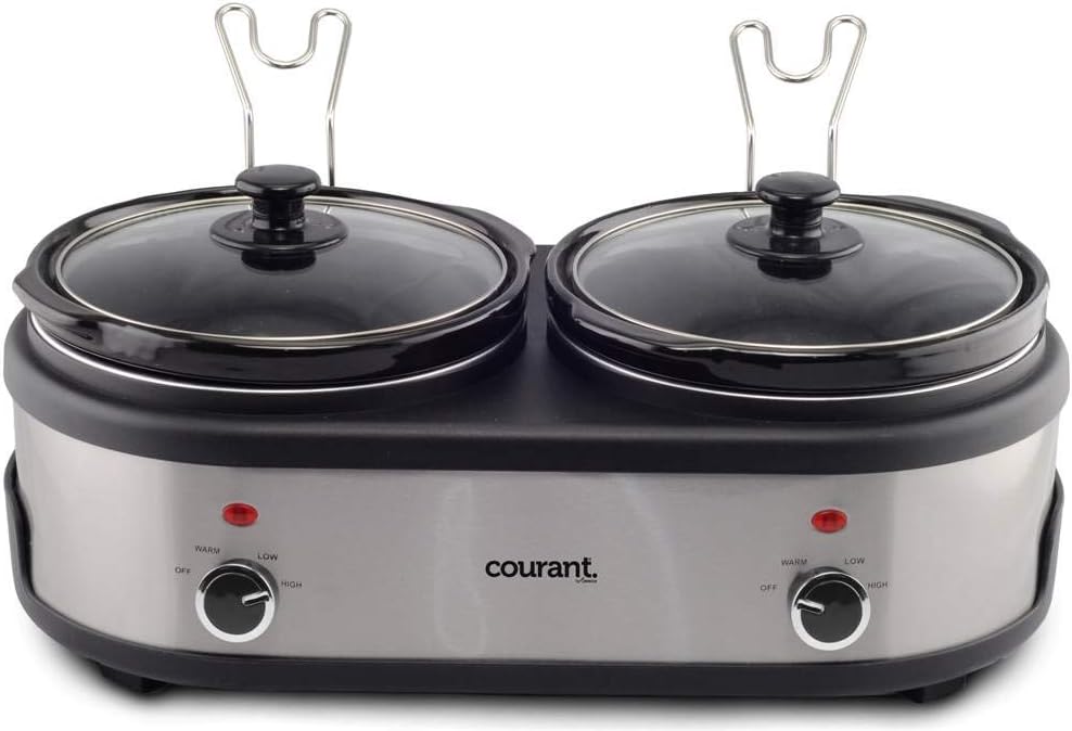 Courant Double Slow Cooker 2.5 Quart Crock each, 5.0 Quart Total Pots, with Individual Easy Cooking Options, Dishwasher Safe Stainproof Stoneware Pots and Glass Lids, Stainless Steel