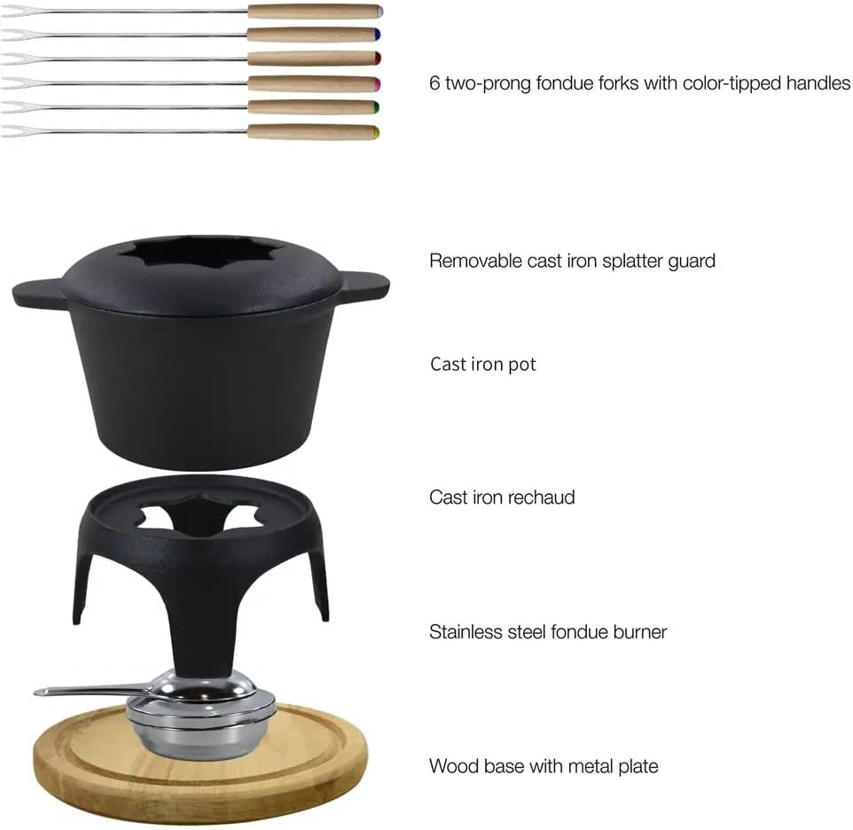 Traditional Fondue Set Matte black enameled cast iron fondue for Taditional swiss fondue 12 pcs fondue pot. for Meat, Chocolate & Cheese, Cast Iron Chocolate Fondue Pot 6 Pers Iron cast iron pot