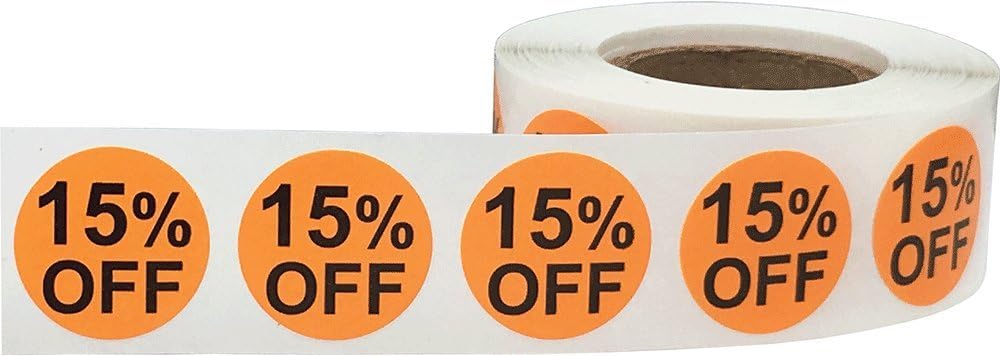 InStockLabels 15% Orange Stickers for Retail, 500 Labels per Roll, 3/4" Round – Stickers for Promotion & Inventory Event, Easy Peel Tags, Semi-Gloss Adhesive, Apparel-Safe, Residue-Free