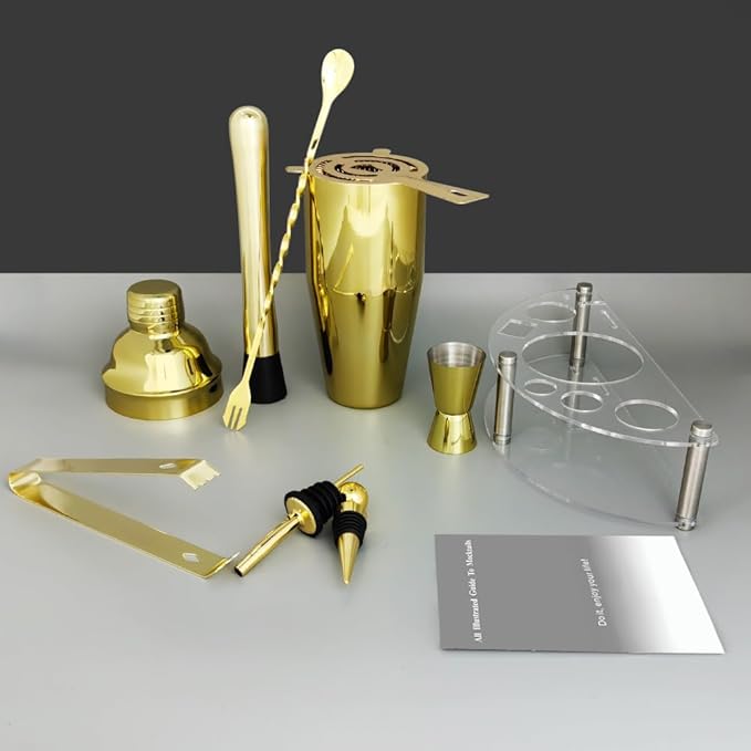 Cocktail Shaker Set with Stand, Cocktail Shaker Bartender Kit: Bar Tool Set, Drink Mixing Includes Martini Shaker,Strainer,Jigger,Bar Mixer Spoon,Muddler, Pourer, Bottle Stopper (Gold)