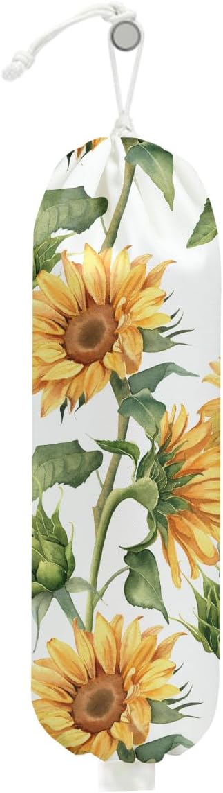 Sunflower Plastic Bag Holder for Kitchen Essentials, Wall Mount Grocery Bag Holder for Plastic Bags, Summer Sunflower Reusable Grocery Bags Storage Dispenser for Home Kitchen Pantry Farmhouse