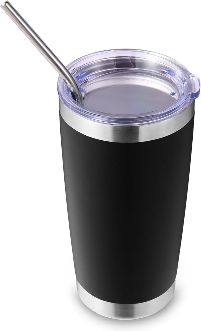 Volhoply 20oz Stainless Steel Tumbler with Lid and Straw,Double Wall Insulated Travel Iced Coffee Mug Fits Car Cup holder,Powder Coated Cups for Hot and Cold Drinks,Gifts for Women Men（Black,1 Set）