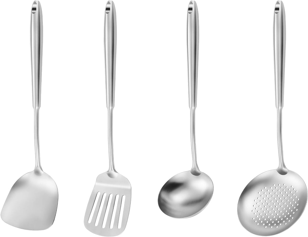 15" Wok Spatula and Ladle,Skimmer Spoon, Slotted Turner Spatula,304 Stainlss Steel Matte Kitchen Utensils Set,4PCS Wok Accessories,Cooking Utensils Tools