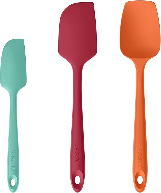U-Taste Silicone Baking Spatula Set: 600ºF High Heat Resistant, Food Grade Flexible Rubber Kitchen Cooking Mixing Scraper, Food Grade Seamless Utensil for Nonstick Cookware Set of 3 (Colorful)