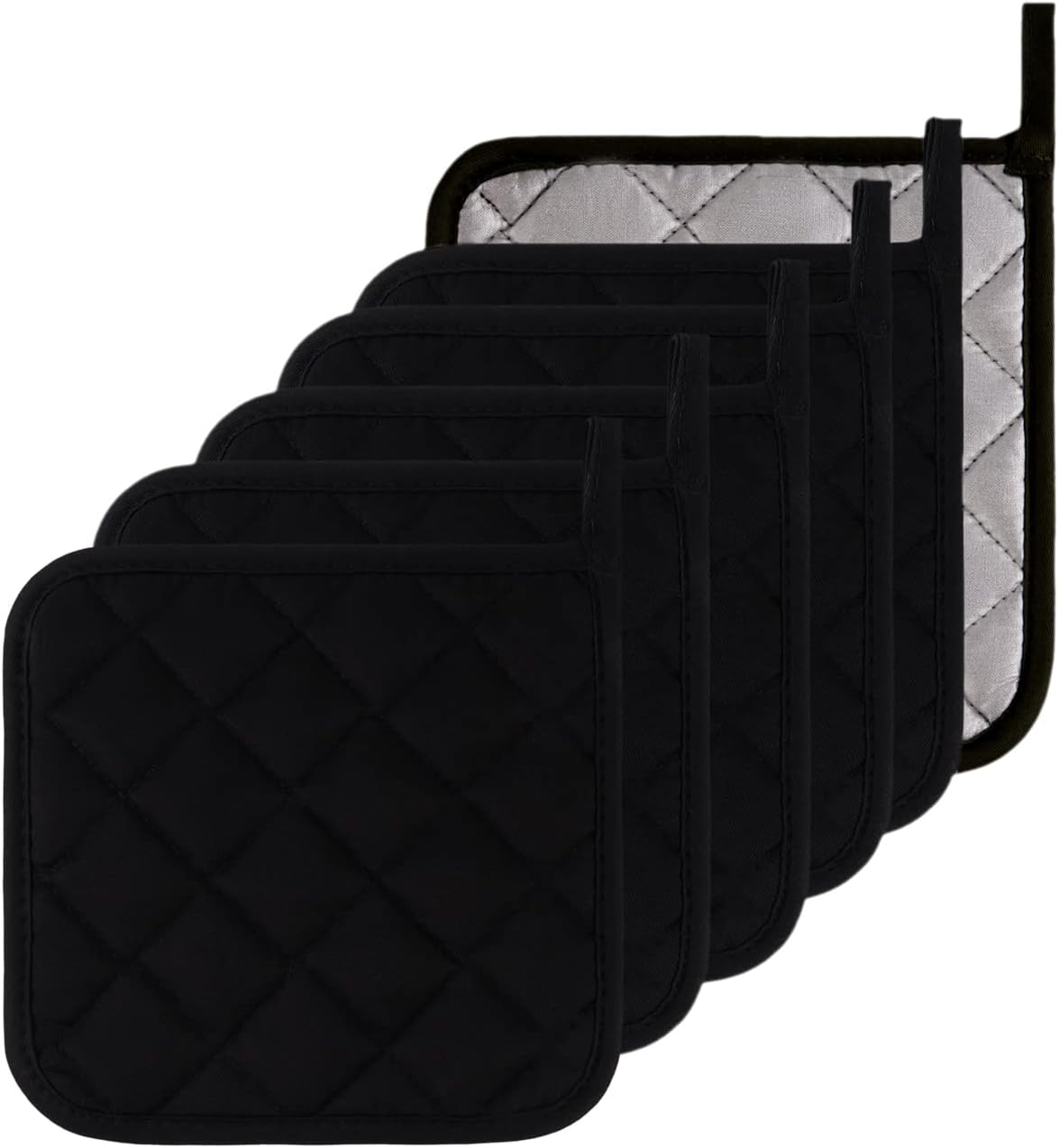 Kitchen Pot Holders Set Heat Resistant Pure Cotton Potholders Kit Trivets Large Coasters Hot Pads Terry Pot Holders for Everyday Cooking and Baking by 7 x 7 Inch Set of 6 Black