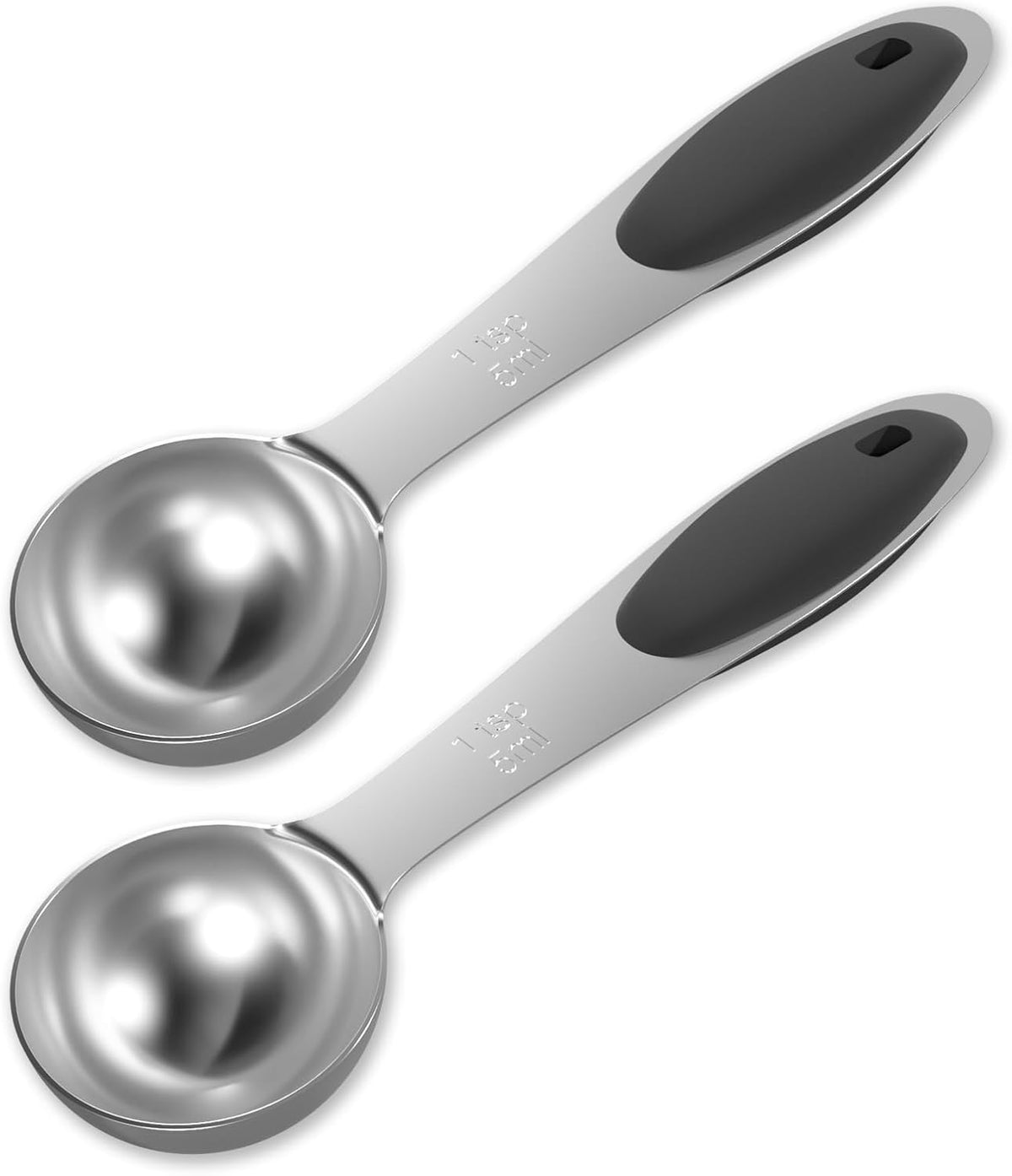 2PCS 1 Tsp(1/3tbsp, 1/6oz, 5ml) Single Measuring Spoon with Black Silicone Grip, Stainless Steel Individual Measure Scoop Only