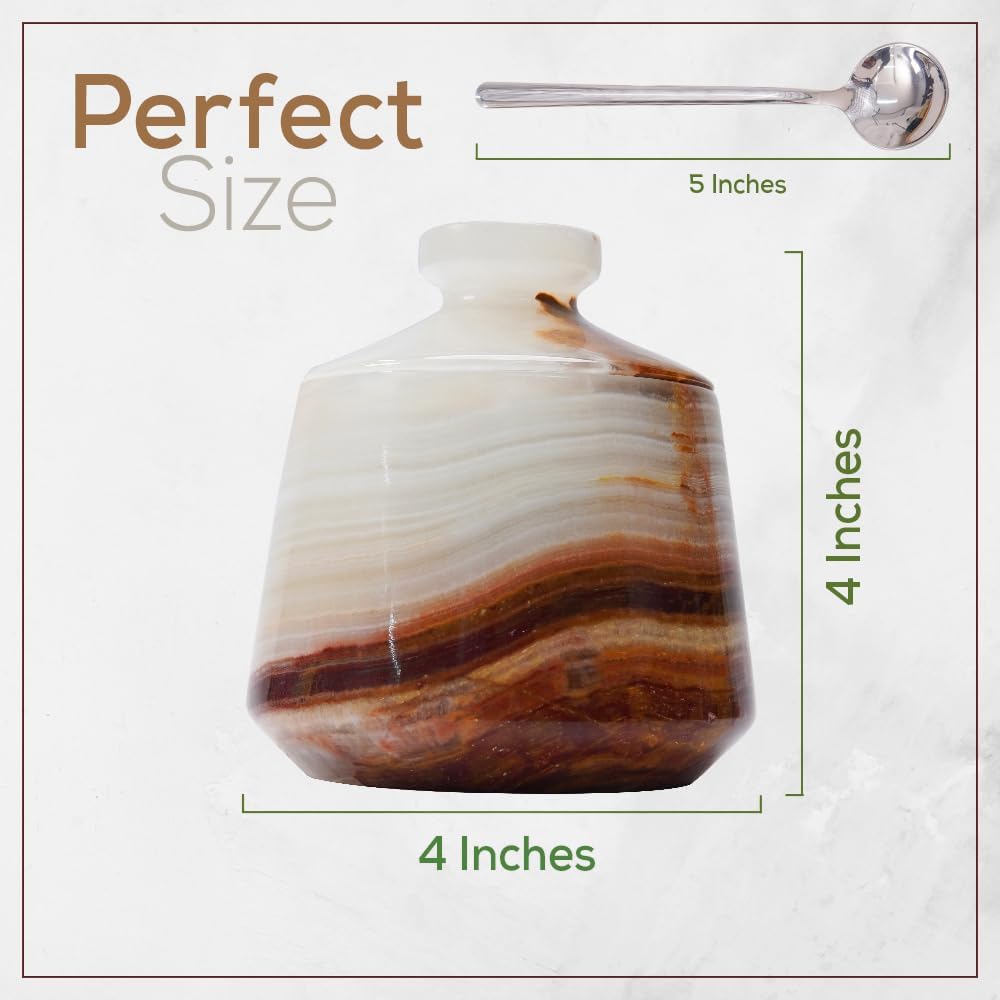 Marble Salt Cellar With Lid & Spoon 4 Inch Stone Salt Container, Seasoning Spice Jar Holder & Jewelry Storage, Salt Box For Kitchen Counter (White Onyx)