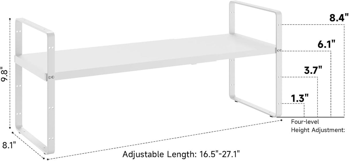 16.5~27.1" Expandable Shelf Organizer, 1Pack 8.1" Wide Stackable Cabinet Shelf Organizers, White Metal Sturdy Kitchen Counter Storage for Countertop, Adjustable Height Spice Rack