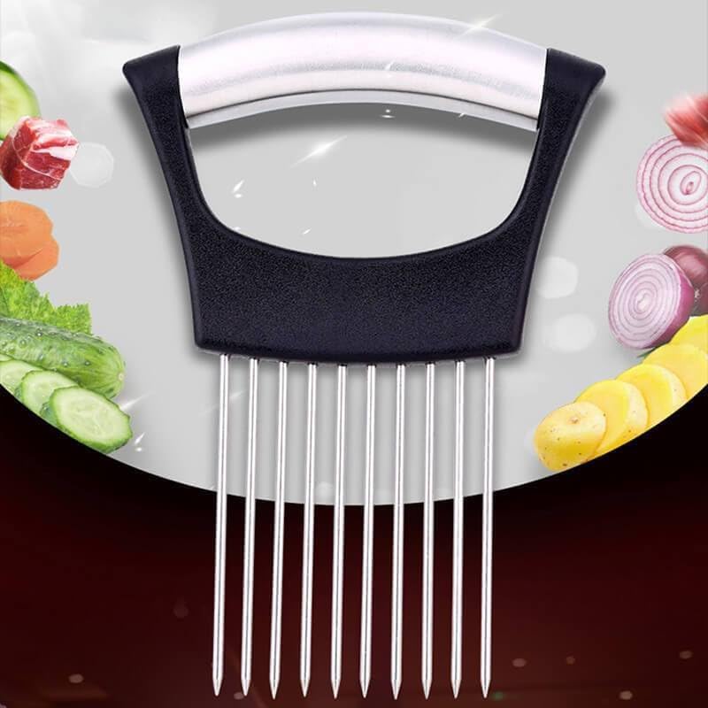 Onion Slice Holder - 2024 New Stainless Steel Slicing Assistant Tool for Onion, Meat, Potato, Tomato - Kitchen Gadget Chopper Cutter (Grey, 1 Pack)
