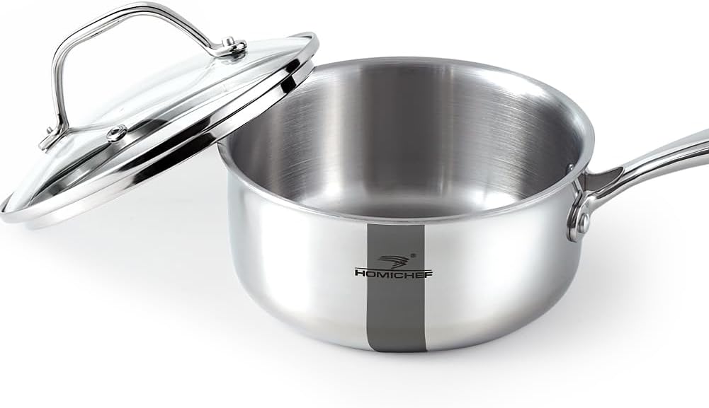 HOMICHEF Mirror Polished NICKEL FREE Stainless Steel 1.5 Quart / 6.5 Inch Sauce Pan with Glass Lid (No Toxic Non Stick Coating, Whole-Clad 3-Ply) Soup Pot Small Cooking Pot