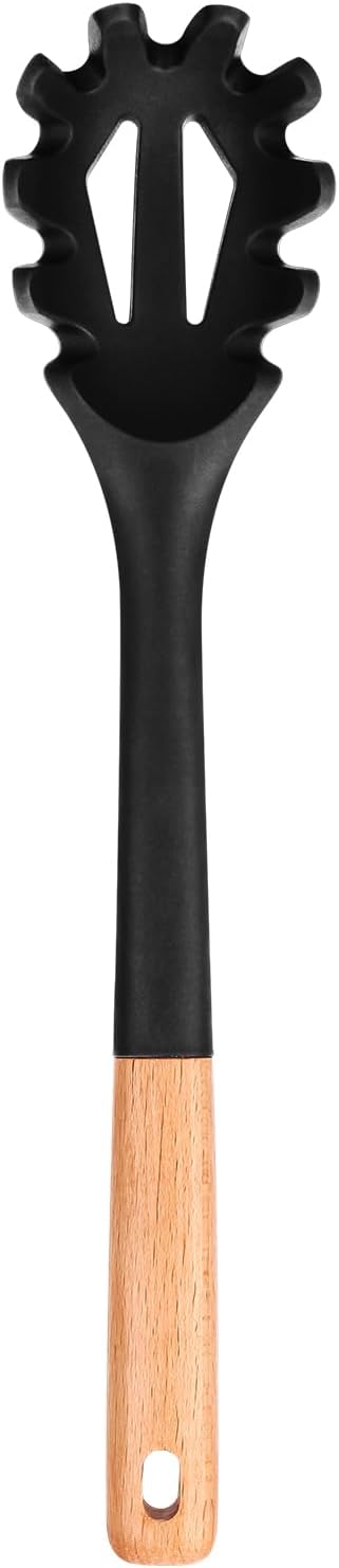 Silicone Pasta Fork, Kitchen Heat Resistant Noodle Spoon Server, BPA Free Spaghetti Strainer,12.8 inch (Black)