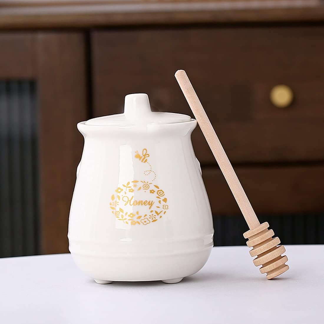 Ceramic Honey Jar with Wooden Honey Dipper-Honey Pot with Dipper- Honey Jar with Stand, Great Bee Decor- Farmhouse Kitchen Decor (Honey Jar-White)